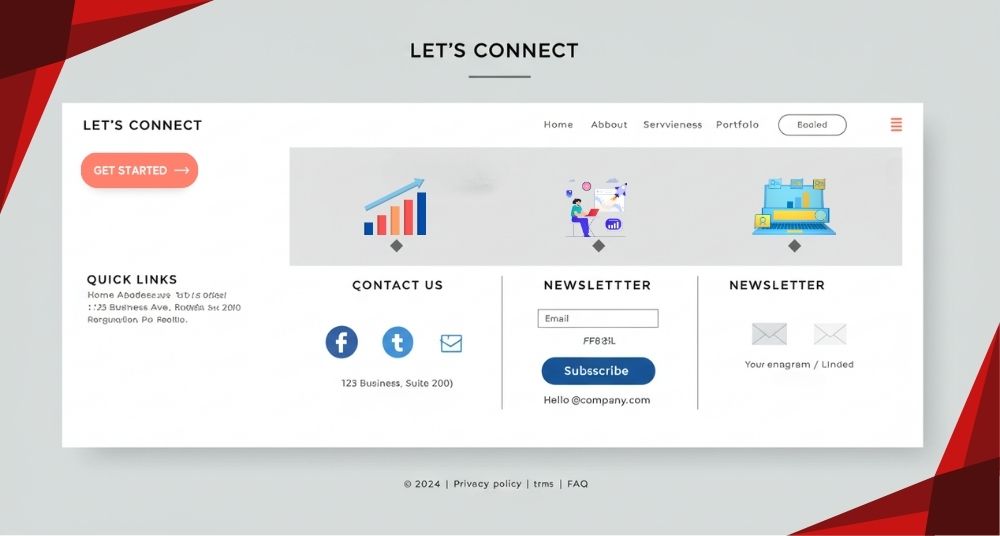 A website footer design layout featuring "Let's Connect," quick links, contact details, and newsletter subscription options with icons.