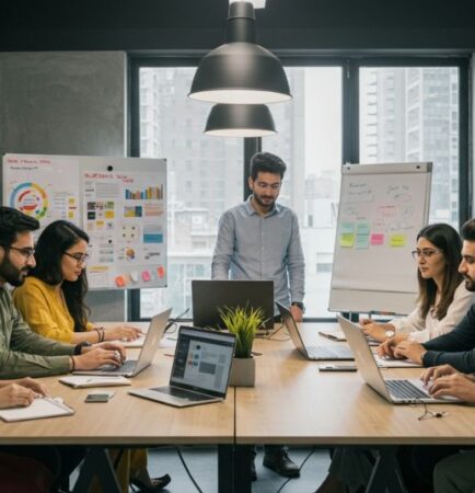 Professionals from a marketing agency near me collaborate in a modern conference room.