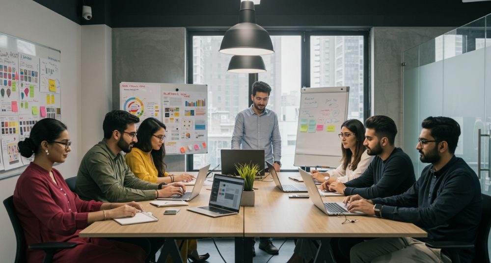 Professionals from a marketing agency near me collaborate in a modern conference room.