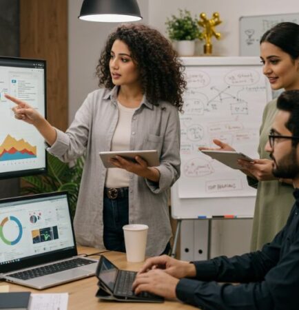 A team from the Best SEO Companies 2025 reviews data in a modern office.
