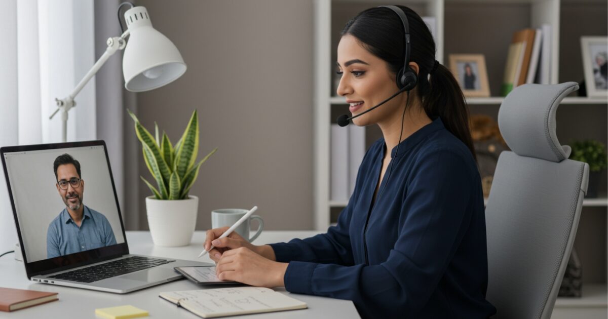 A Customer Service Executive wearing a headset sits at a desk, taking notes while engaged in a video call on her laptop, with a potted plant nearby.