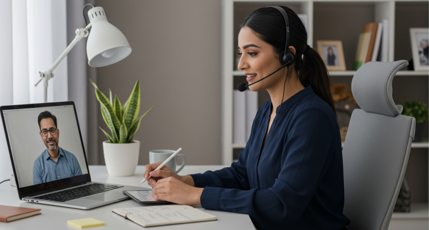 A Customer Service Executive wearing a headset sits at a desk, taking notes while engaged in a video call on her laptop, with a potted plant nearby.