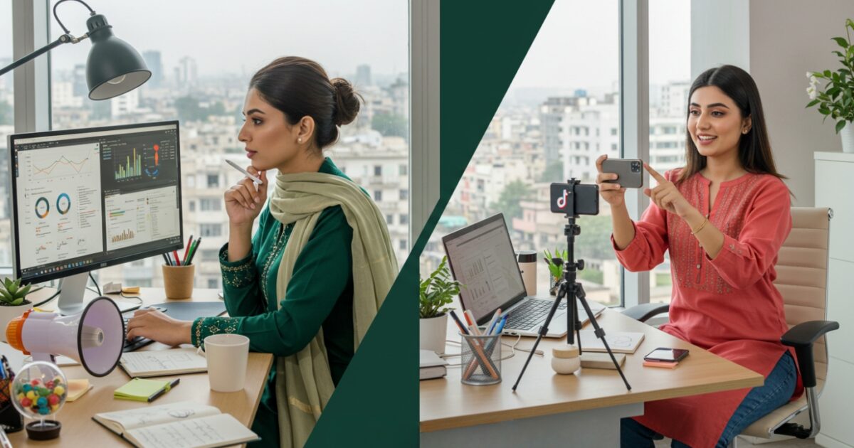 Two women work collaboratively in a modern office, one analyzing data on a computer and the other filming with a smartphone, illustrating the difference between digital marketing and social media marketing.