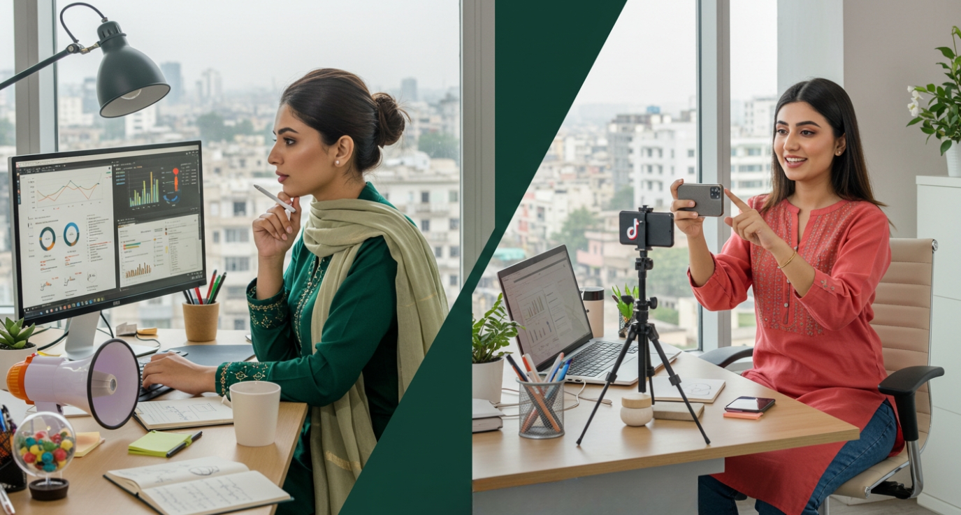 Two women work collaboratively in a modern office, one analyzing data on a computer and the other filming with a smartphone, illustrating the difference between digital marketing and social media marketing.