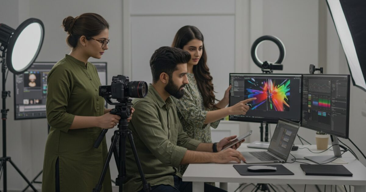 A group collaborating in a modern studio, analyzing designs on multiple screens while a camera is set up for recording as part of a Digital Media Development Program.