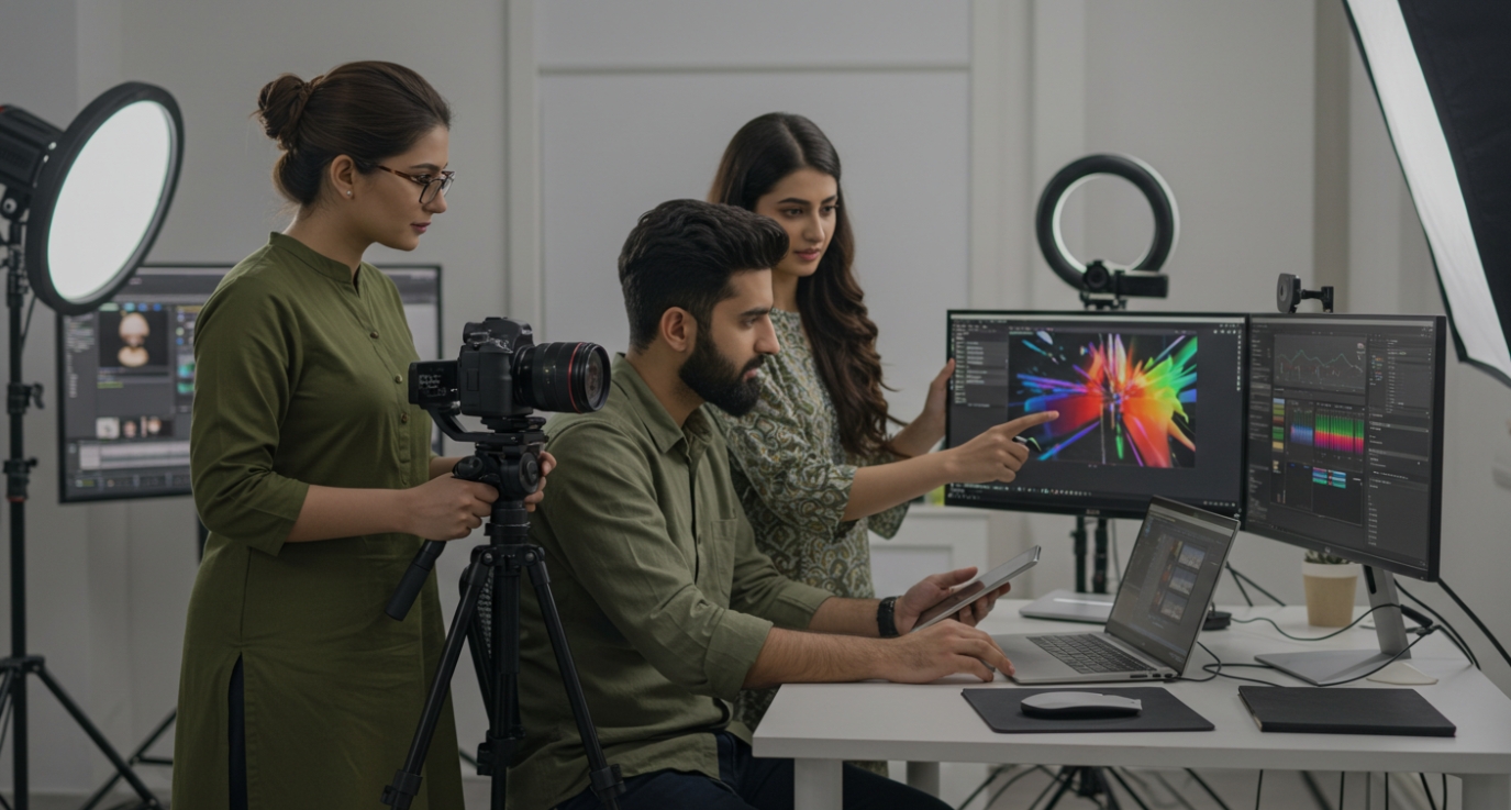 A group collaborating in a modern studio, analyzing designs on multiple screens while a camera is set up for recording as part of a Digital Media Development Program.
