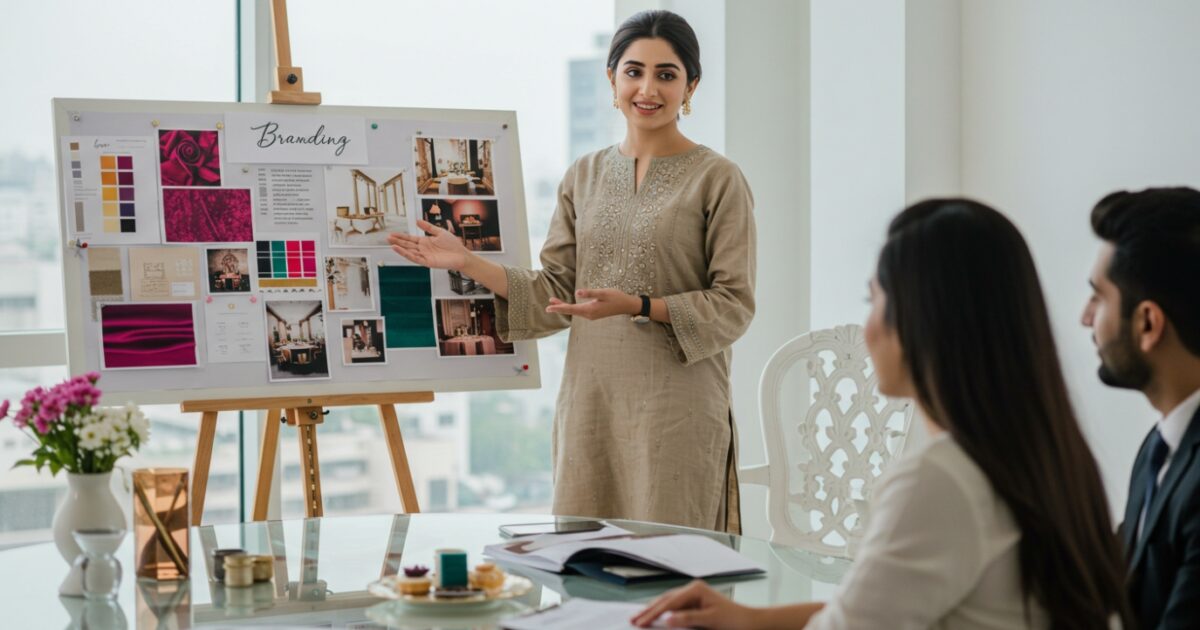 A woman in a green dress points at a laptop during a meeting in a modern office, discussing 'Mortgage Leads for Sale' with charts on the screen and a whiteboard behind.
