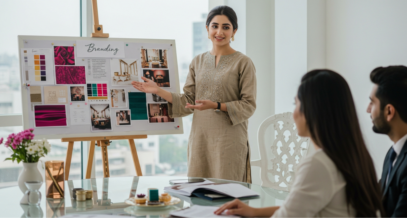 A woman in a green dress points at a laptop during a meeting in a modern office, discussing 'Mortgage Leads for Sale' with charts on the screen and a whiteboard behind.