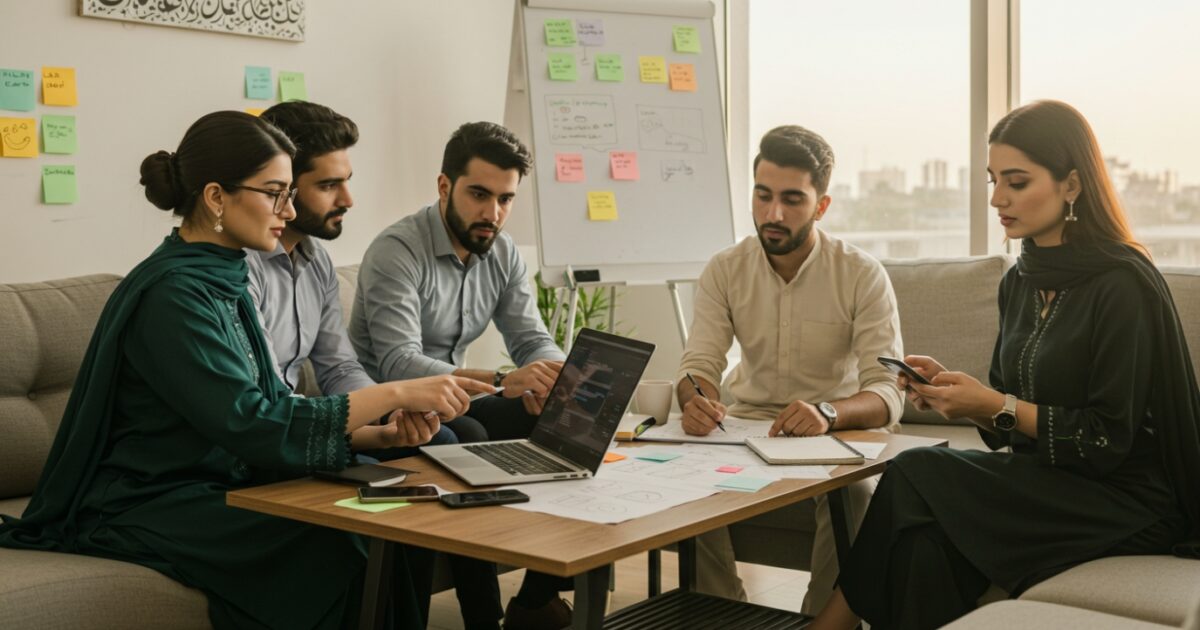 A group of five professionals from App Development Companies in Pakistan engaged in a meeting around a table with a laptop, notes, and colorful sticky notes on the wall.