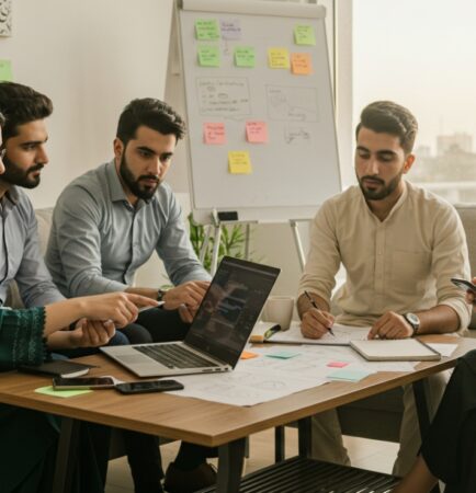 A group of five professionals from App Development Companies in Pakistan engaged in a meeting around a table with a laptop, notes, and colorful sticky notes on the wall.