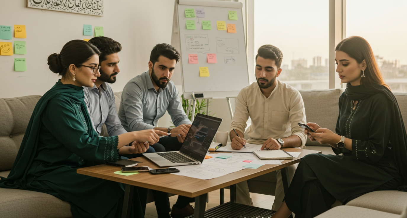 A group of five professionals from App Development Companies in Pakistan engaged in a meeting around a table with a laptop, notes, and colorful sticky notes on the wall.