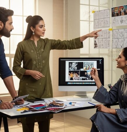 A design team from one of the Best Creative Advertising Agencies discusses creative concepts around a table, with sketches, fabric swatches, and a computer displaying project images.
