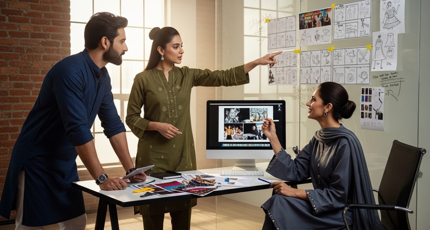 A design team from one of the Best Creative Advertising Agencies discusses creative concepts around a table, with sketches, fabric swatches, and a computer displaying project images.