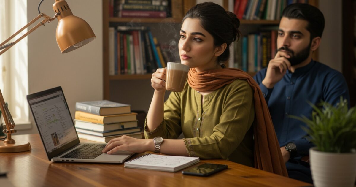 A person in a green shirt sips tea while working on a laptop, surrounded by books and a plant in a cozy, well-lit study, representing Content Writing Samples being created in a comfortable workspace.