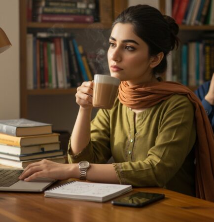 A person in a green shirt sips tea while working on a laptop, surrounded by books and a plant in a cozy, well-lit study, representing Content Writing Samples being created in a comfortable workspace.