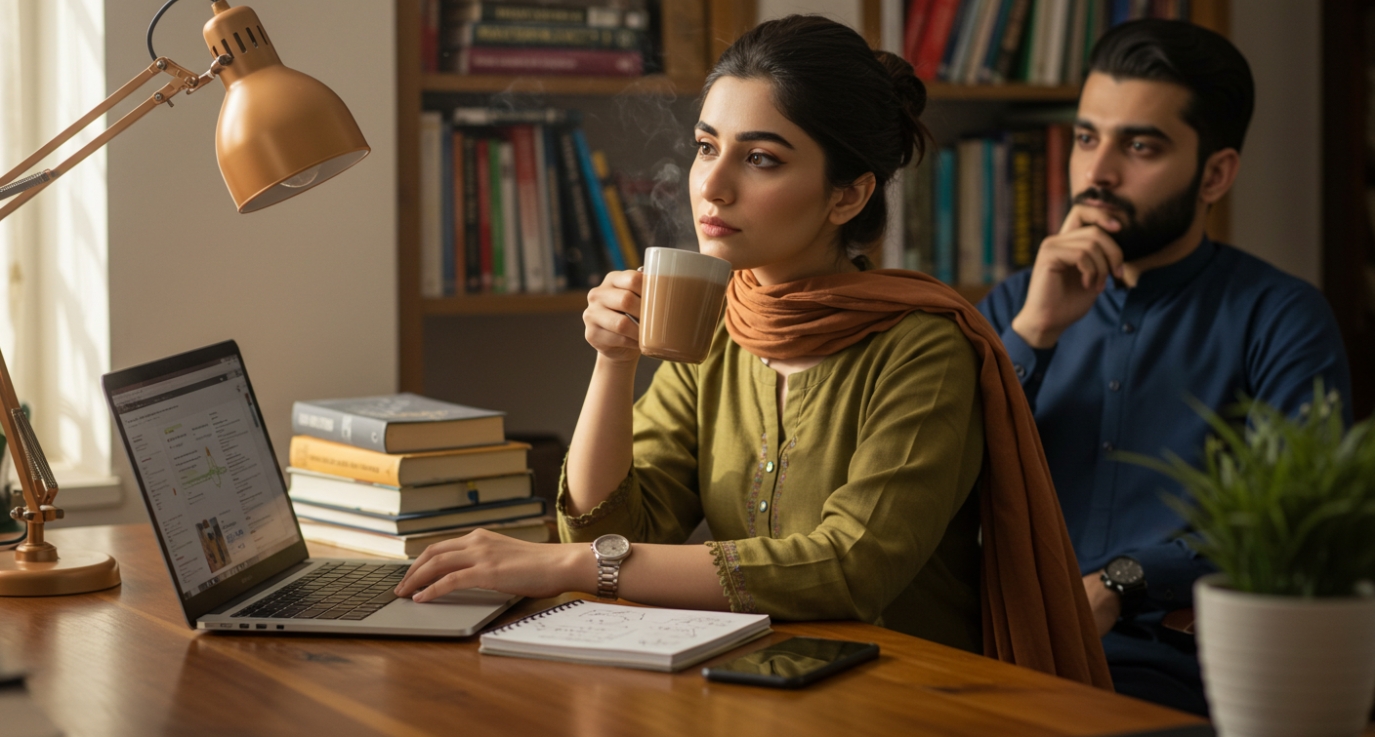 A person in a green shirt sips tea while working on a laptop, surrounded by books and a plant in a cozy, well-lit study, representing Content Writing Samples being created in a comfortable workspace.