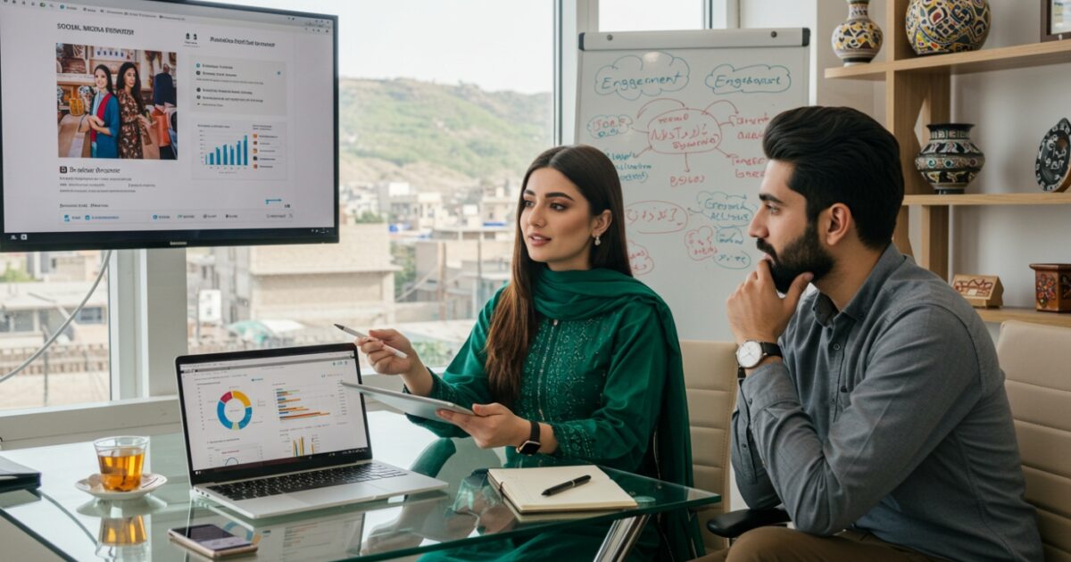 A woman in a green dress points at a laptop during a meeting in a modern office at a Digital Marketing Agency in Peshawar, with charts displayed on the screen and a whiteboard behind.