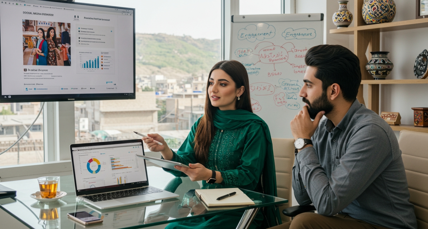 A woman in a green dress points at a laptop during a meeting in a modern office at a Digital Marketing Agency in Peshawar, with charts displayed on the screen and a whiteboard behind.