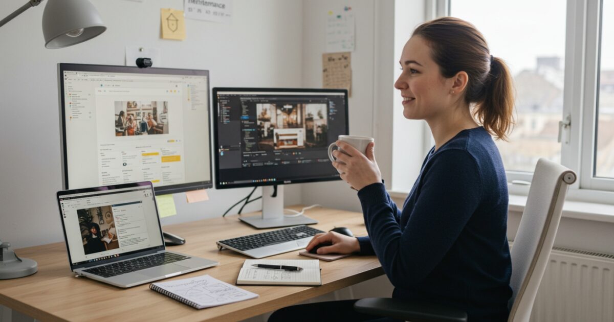 A person sits at a wooden desk with dual monitors, a laptop, and a notepad, sipping from a mug in a bright workspace while working on Website Maintenance Services.
