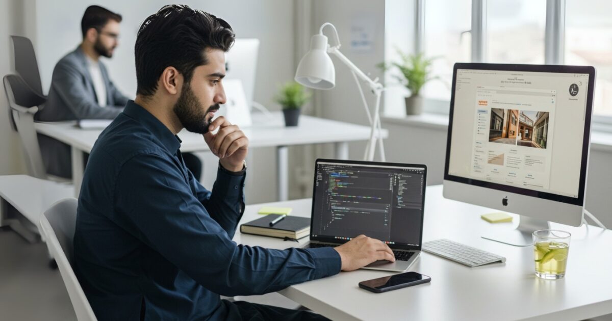 A focused individual in a blue shirt works at a desk with a laptop displaying code and a desktop showing a real estate website for WordPress Development Services.