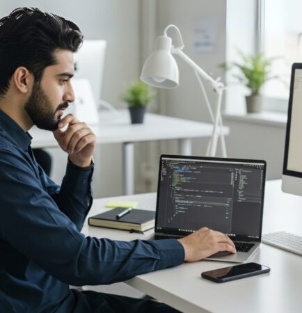 A focused individual in a blue shirt works at a desk with a laptop displaying code and a desktop showing a real estate website for WordPress Development Services.