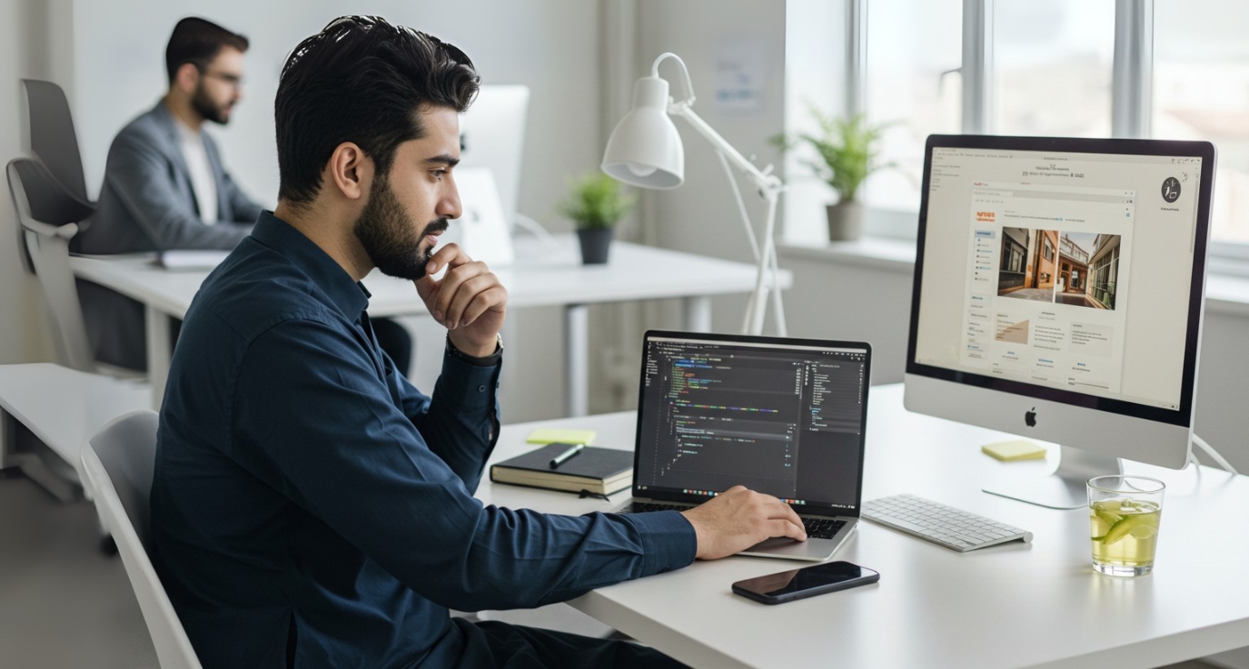 A focused individual in a blue shirt works at a desk with a laptop displaying code and a desktop showing a real estate website for WordPress Development Services.