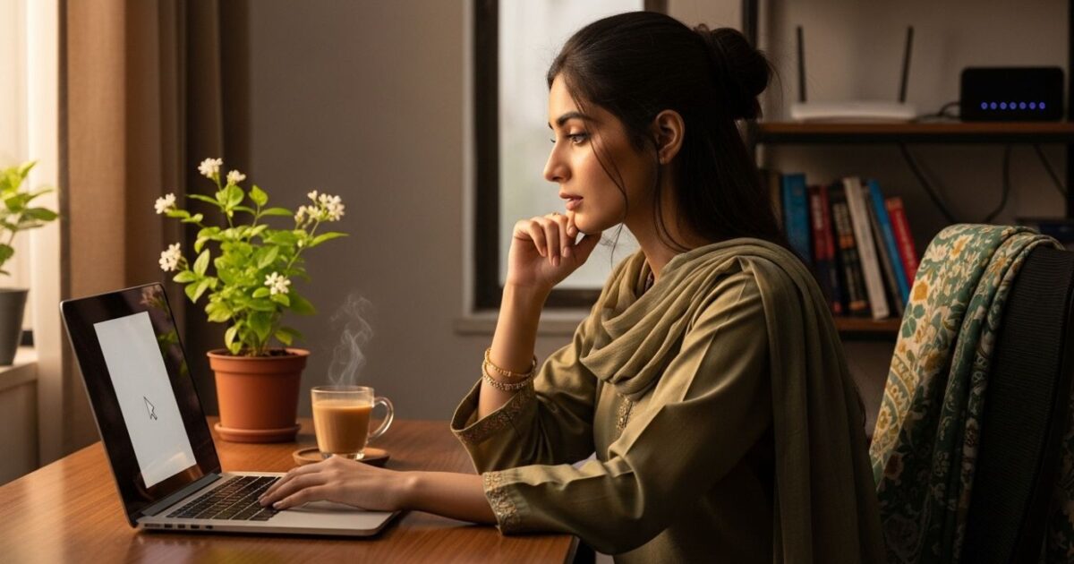 A woman sits at a wooden desk, working on a laptop with a steaming cup of tea and potted plants nearby, surrounded by bookshelves, representing Content writing Pakistan.