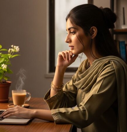 A woman sits at a wooden desk, working on a laptop with a steaming cup of tea and potted plants nearby, surrounded by bookshelves, representing Content writing Pakistan.