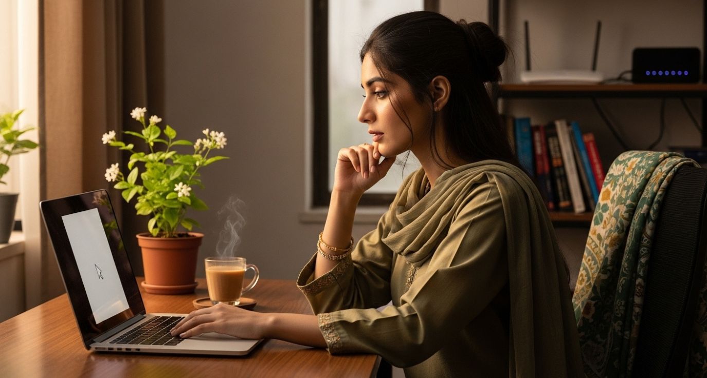 A woman sits at a wooden desk, working on a laptop with a steaming cup of tea and potted plants nearby, surrounded by bookshelves, representing Content writing Pakistan.